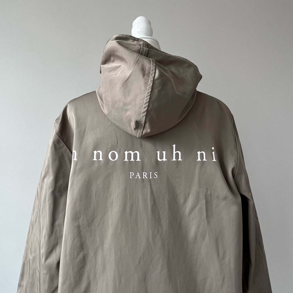 Ih Nom Uh Nit Taupe Long Raincoat with Contrast Stitching and Snap Buttons - Picture 10 of 11